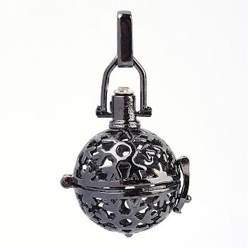 Rack Plating Brass Cage Pendants, For Chime Ball Pendant Necklaces Making, with Rhinestone, Hollow Round with Snowflake, Gunmetal, 29x25x20mm, Hole: 3x7mm, inner measure: 17mm