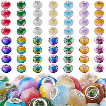 56Pcs 14 Colors Baking Painted Glass European Beads, Large Hole Rondelle Beads, with Platinum Tone Brass Double Cores, Two Tone, Faceted, Mixed Color, 13.5~14x10.5mm, Hole: 5mm, 4pcs/color