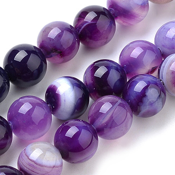 Natural Striped Agate/Banded Agate Beads Strands, Dyed, Round, Blue Violet, 8mm, Hole: 1mm, about 47pcs/strand, 14.96 inch(38cm)