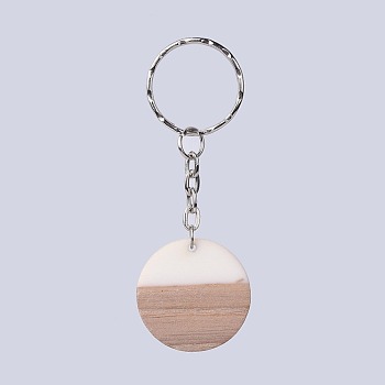 Resin & Wood Keychain, with Platinum Tone Iron Keychain Findings, Flat Round, Sandy Brown, 78mm, Pendant: 28.5x4mm