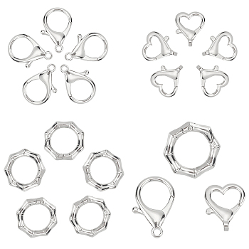 SUNNYCLUE 18Pcs 3 Style Zinc Alloy Lobster Claw Clasps and Spring Gate Rings, Heart & Parrot Trigger & Polygon Ring, Platinum, 6pcs/style