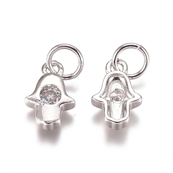Religion Brass Charms, with Cubic Zirconia and Jump Rings, Hamsa Hand/Hand of Fatima/Hand of Miriam, Clear, Platinum, 10x6.5x2mm, Hole: 3mm