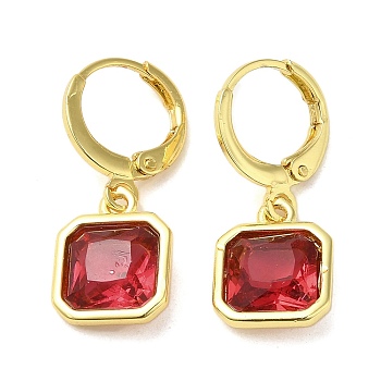 Real 18K Gold Plated Brass Dangle Leverback Earrings, with Square Glass, Red, 25.5x10.5mm