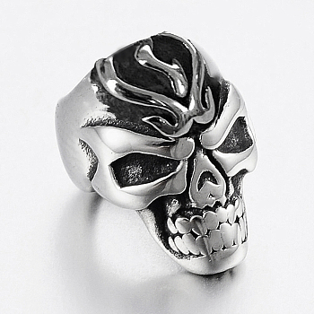 304 Stainless Steel Beads, Large Hole Beads, Skull Head, Antique Silver, 12.8x9x11mm, Hole: 6mm