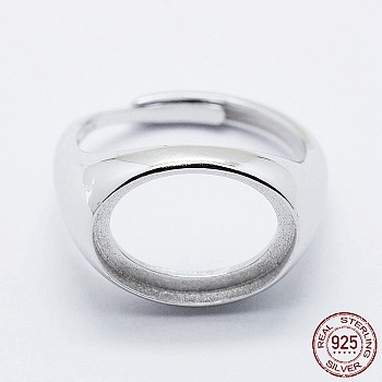 Rhodium Plated 925 Sterling Silver Finger Ring Components, Adjustable, Oval, Platinum, Size 8 (18mm), 3mm wide, Tray: 12x16mm