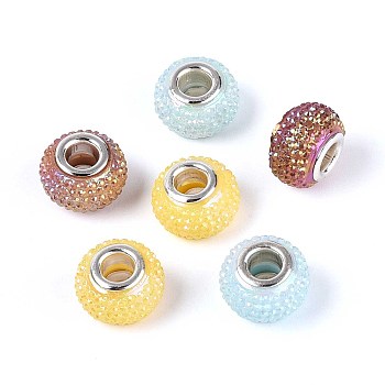 Large Hole Resin Rhinestone European Beads, with Platinum Brass Double Cores, Rondelle, Mixed Color, 14x9mm, Hole: 5mm