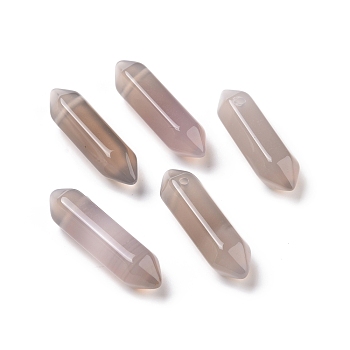 Natural Grey Agate Double Terminal Pointed Pendants, Faceted Bullet Charm, 30~35x8~9x8~9mm, Hole: 1.4mm
