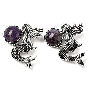 Dual-use Items Alloy Mermaid Brooch, with Natural Amethyst, Antique Silver, 42x37x12mm, Hole: 8x3mm