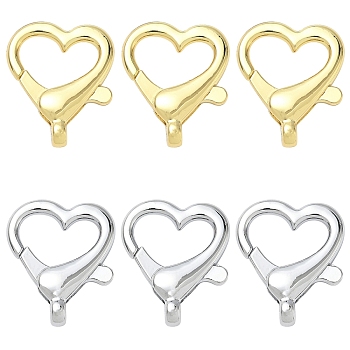 10Pcs 2 Colors Alloy Lobster Claw Clasps, Heart, Cadmium Free & Lead Free, Mixed Color, 26x21.5x5.5mm, Hole: 2.5mm, 5pcs/color