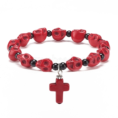 Natural Mashan Jade Skull Beaded Stretch Bracelet with Synthetic Turquoise(Dyed) Cross Charm(BJEW-JB08378)-3