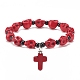 Natural Mashan Jade Skull Beaded Stretch Bracelet with Synthetic Turquoise(Dyed) Cross Charm(BJEW-JB08378)-3