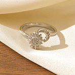 Brass Micro Pave Clear Cubic Zirconia Cuff Open Rings for Couple, Moon with Sun, Silver, US Size 4 1/4(15~20mm)(WG75937-04)