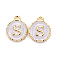 Golden Plated Alloy Charms, Cadmium Free & Lead Free, with Enamel, Enamelled Sequins, Flat Round with Letter, White, Letter.S, 14x12x2mm, Hole: 1.5mm(X-ENAM-S118-01S)