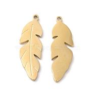 Ion Plating(IP) 316L Surgical Stainless Steel Pendants, Feather Charm, Textured, Real 18K Gold Plated, 23x7.5x1.4mm, Hole: 1.2mm(STAS-H213-50G)