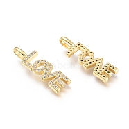 Brass Micro Pave Clear Cubic Zirconia Pendants, for Valentine's Day, Long-Lasting Plated, Word Love, Real 18K Gold Plated, 22.5x6x4mm, Hole: 4.5x2.5mm(ZIRC-Q023-06G)