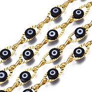 Ion Plating(IP) 304 Stainless Steel Textured Oval Cable Chains, with Enamel Evil Eye Beads, with Spool, Unwelded, Real 18K Gold Plated, Nickel Free, Black, 11x5.5x3mm, 7.5x3x1mm, about 32.81 Feet(10m)/Roll(CHS-T003-33G-05)