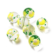 Transparent Glass Beads, with Enamel, Round, Yellow, Lemon Pattern, 14~15x13~13.5mm, Hole: 1.5~1.6mm(LAMP-B021-03B-16)