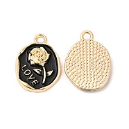 Alloy Enamel Pendants, Cadmium Free & Nickel Free & Lead Free, Golden, Oval with Rose & Word Love Charm, Black, 21x15.5x2.5mm, Hole: 2mm(ENAM-C005-10G-02)