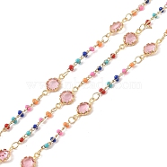 Brass Link Chains, with Enamel Beaded and Glass, Real 18K Gold Plated, Soldered, with Spools, Long-Lasting Plated, Cadmium Free & Lead Free, Pink, 12x6.5x2.5mm(CHC-C003-03G-01)