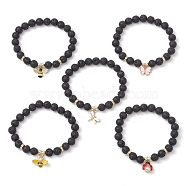 8.5mm Round Natural Lava Rock Beaded Stretch Bracelets, Ladybug/Butterfly/Bees/Dragonfly Alloy Insect Charm Bracelets for Women, Inner Diameter: 2 inch(5.2cm)(BJEW-JB10517)