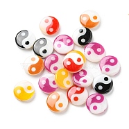 Printed Natural Freshwater Shell Beads, Yin Yang Flat Round Beads, Mixed Color, 11~12x3~3.5mm, Hole: 0.8mm(SHEL-R129-07B)