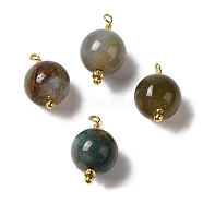 Natural Indian Agate Pendants, Round Charms with Real 18K Gold Plated Brass Loops, 18~19.5x10~10.5mm, Hole: 1.5mm(KK-P242-09C-G03)