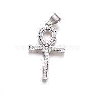 304 Stainless Steel Pendants, with Crystal Rhinestone, Religion, Ankh Cross, Stainless Steel Color, 44.5x25x3.5mm, Hole: 5.5x7.5mm(STAS-E485-06P)