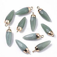 Top Golden Plated Natural Aventurine Pointed Pendants, with Iron Loops, Faceted, Bullet, 25~26x7~8mm, Hole: 1.8mm(G-S359-078B)