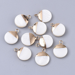 Electroplate Freshwater Shell Pendants, for DIY Jewelry Making, with Top Golden Plated Brass Loops and Half Drilled, Flat Round, Seashell Color, 16.5x13x4mm, Hole: 0.8~1.8mm(SHEL-S276-61A)