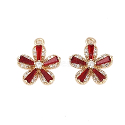 Rack Plating Brass Micro Pave Cubic Zirconia Pendants, with Glass, Cadmium Free & Lead Free, Flower Charms, Red, 16x13.5x4mm, Hole: 1.2mm(KK-C082-01G-03)