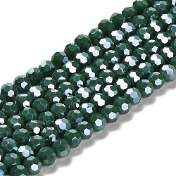 Electroplate Opaque Glass Beads Strands, Faceted(32 Facets), Pearl Luster Plated, Round, Dark Green, 6mm, Hole: 1mm, about 98~100pcs/strand, 20.39~20.59 inch(51.8~52.3cm)(EGLA-A035-P6mm-A06)