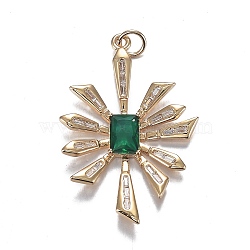 Brass Micro Clear Cubic Zirconia Pendants, Long-Lasting Plated, Flower, Green, Real 18K Gold Plated, 35x24x3.5mm, Hole: 3.5mm(ZIRC-F120-036G)