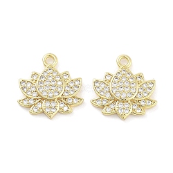 Brass Micro Pave Clear Cubic Zirconia Pendants, Lotus Flower, Real 18K Gold Plated, 16x16x3mm, Hole: 1.2mm(ZIRC-P120-10G)