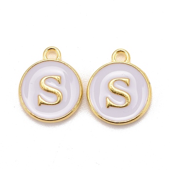 Golden Plated Alloy Charms, Cadmium Free & Lead Free, with Enamel, Enamelled Sequins, Flat Round with Letter, White, Letter.S, 14x12x2mm, Hole: 1.5mm