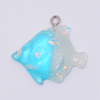 Transparent Resin Pendants, with Platinum Plated Iron Loop, Fish Shape, Cyan, 28.5x30x8.5mm, Hole: 2mm