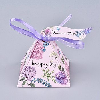 Pyramid Shape Candy Packaging Box, Happy Day Wedding Party Gift Box, with Ribbon and Paper Card, Flower Pattern, Lilac, 7.5x7.5x7.6cm, Ribbon: 43.5~46x0.65~0.75cm, Paper Card: 7.5x2cm