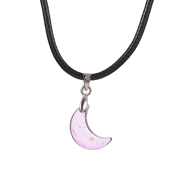 Glass Crescent Moon Pendant Necklaces, with Imitation Leather Cords, Plum, 17.60~17.99 inch(44.7~45.7cm)