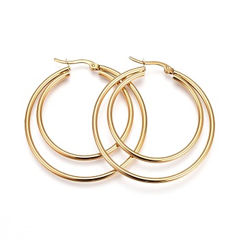 304 Stainless Steel Hoop Earrings, Hypoallergenic Earrings, Double Rings, Golden, 12 Gauge, 47x44x2mm, Pin: 1mm