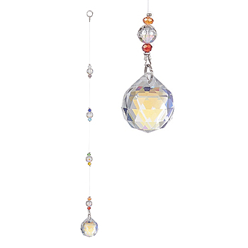 Glass Teardrop Pendant Decorations, Suncatchers Hanging, with Glass Beads and 304 Stainless Steel Rings, 260mm