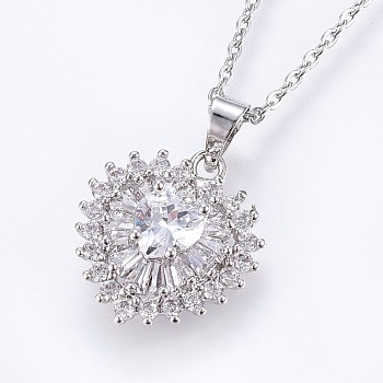 304 Stainless Steel Pendant Necklaces, with Cubic Zirconia, Heart, Stainless Steel Color, 17.71 inch(45cm), Pendant: 22x16x5.5mm
