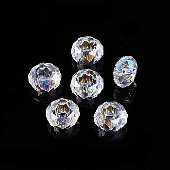 Transparent Glass European Beads, Large Hole Beads, AB Color Plated, Faceted, Rondelle, Clear AB, 13~14x7.5~8mm, Hole: 5.5~6mm