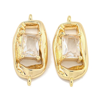 Brass Pave Rectangle Clear Glass Connector Charms, Oval Links, Real 18K Gold Plated, 21.5x10x4mm, Hole: 1mm