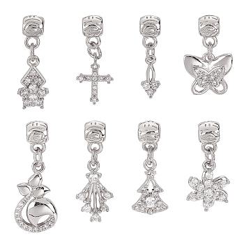 8Pcs 8 Style Rack Plating Brass Micro Pave Clear Cubic Zirconia Pendants, Long-Lasting Plated, Cadmium Free & Lead Free, Star & Butterfly & Christmas Tree & Arrow, Platinum, 22~29mm, Hole: 2.5mm, 1pc/style