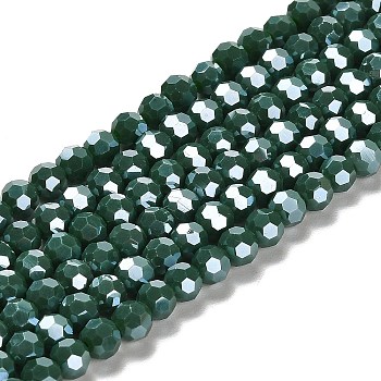 Opaque Glass Beads Strands, Faceted, Round, Dark Green, 6mm, Hole: 1mm, about 98~100pcs/strand, 20.39~20.59 inch(51.8~52.3cm)