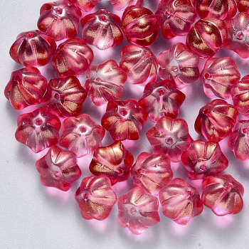 Transparent Spray Painted Glass Beads, with Glitter Powder, Flower, Crimson, 10.5x9.5x8mm, Hole: 1mm