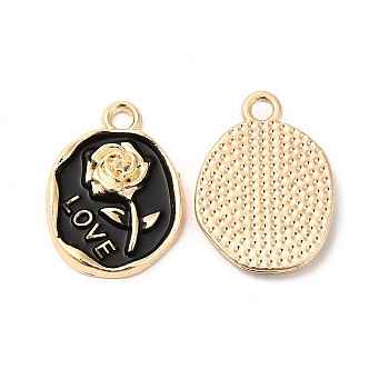 Alloy Enamel Pendants, Cadmium Free & Nickel Free & Lead Free, Golden, Oval with Rose & Word Love Charm, Black, 21x15.5x2.5mm, Hole: 2mm