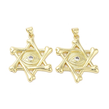 Rack Plating Star of David Brass Micro Pave Cubic Zirconia Pendants, Cadmium Free & Lead Free, Long-Lasting Plated, Real 18K Gold Plated, Clear, 32x25.5x3mm, Hole: 3x3.5mm