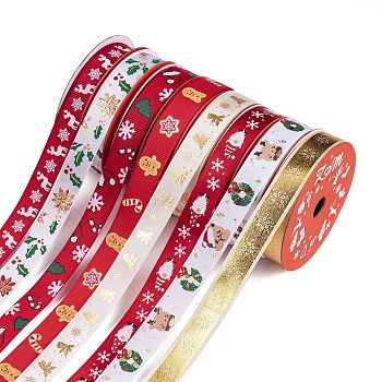 8 Rolls 8 Styles Christmas Printed Polyester Ribbon Sets, Grosgrain Ribbon for Gift Wrapping, Mixed Color, 5/8 inch(16mm), 5 yards/roll, 1 roll/style