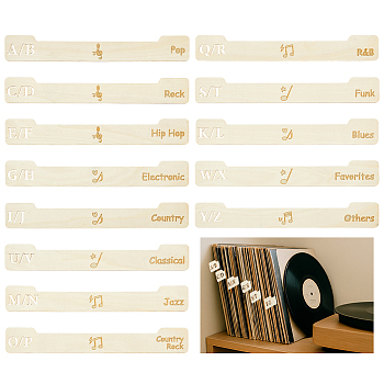 Poplar Wood Vinyl Record Divider, Letter A~Z Organizer for Album CD DVD Media Book Shelf Storage, Floral White, 360x50x1.5~2mm, 13 styles, 1pc/style, 13pcs