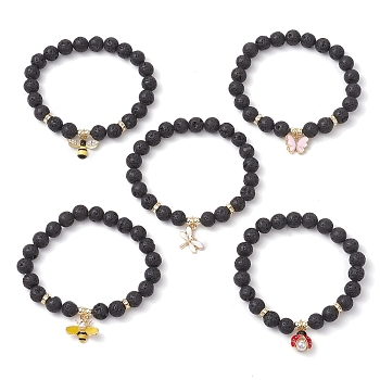 8.5mm Round Natural Lava Rock Beaded Stretch Bracelets, Ladybug/Butterfly/Bees/Dragonfly Alloy Insect Charm Bracelets for Women, Inner Diameter: 2 inch(5.2cm)